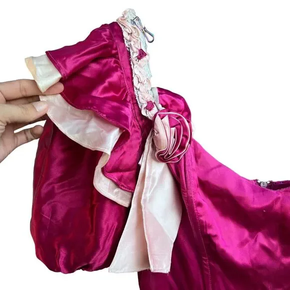 Vintage Gunne‎ Sax Burgundy Satin Pink Lace Short Puff Sleeve Maxi Dress No Size - Picture 4 of 16